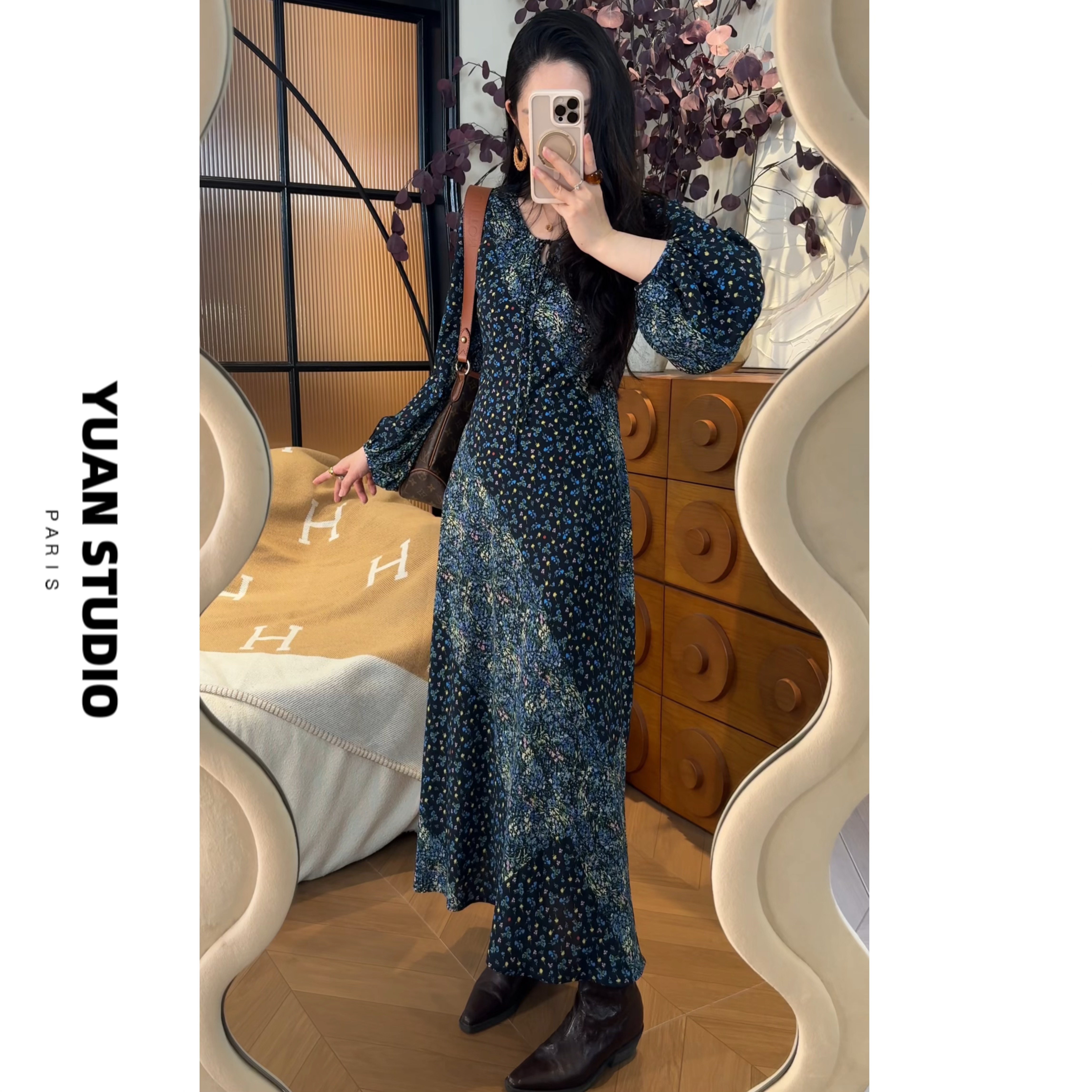 YUAN【香榭花语】秋冬法式花卉复古斜裁显瘦遮肉优雅连衣裙
