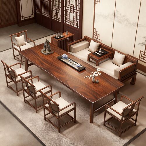 胡桃木实木茶几办公室轻奢茶台家用大板会客新中式泡茶桌椅组合