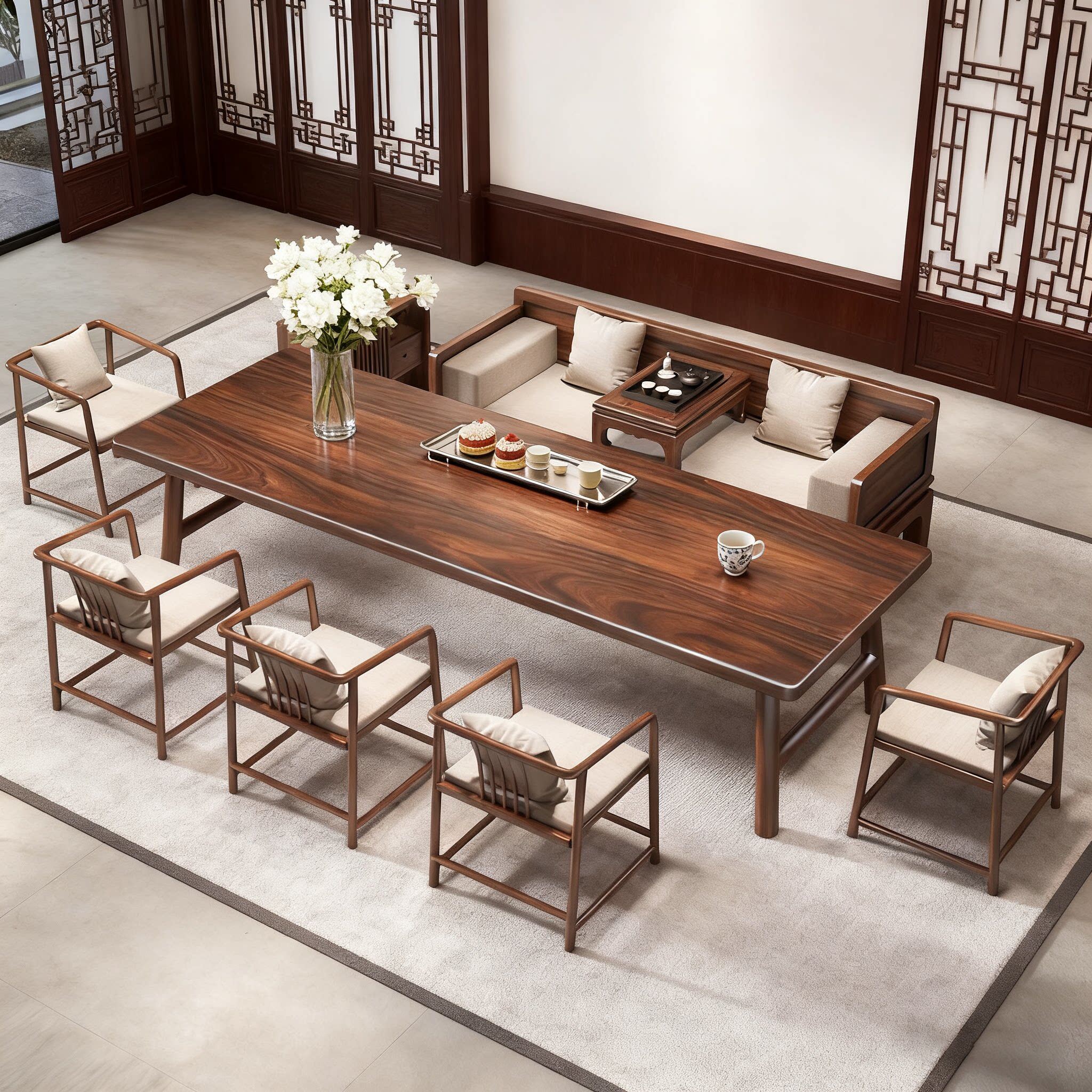 胡桃木2026新款实木茶桌椅组合罗汉床新中式大板家用办公室泡茶桌