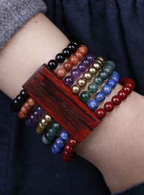 民族风佛珠手串金木水火土七色多圈手排手链女文艺气质个性手饰品