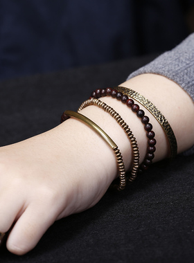 民族风印度小叶紫檀手串做旧黄铜弯管佛珠手链项链双用女简约气质