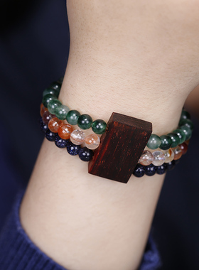 民族风佛珠手串印度小叶紫檀混搭红胶花水晶多圈手排手链女气质潮