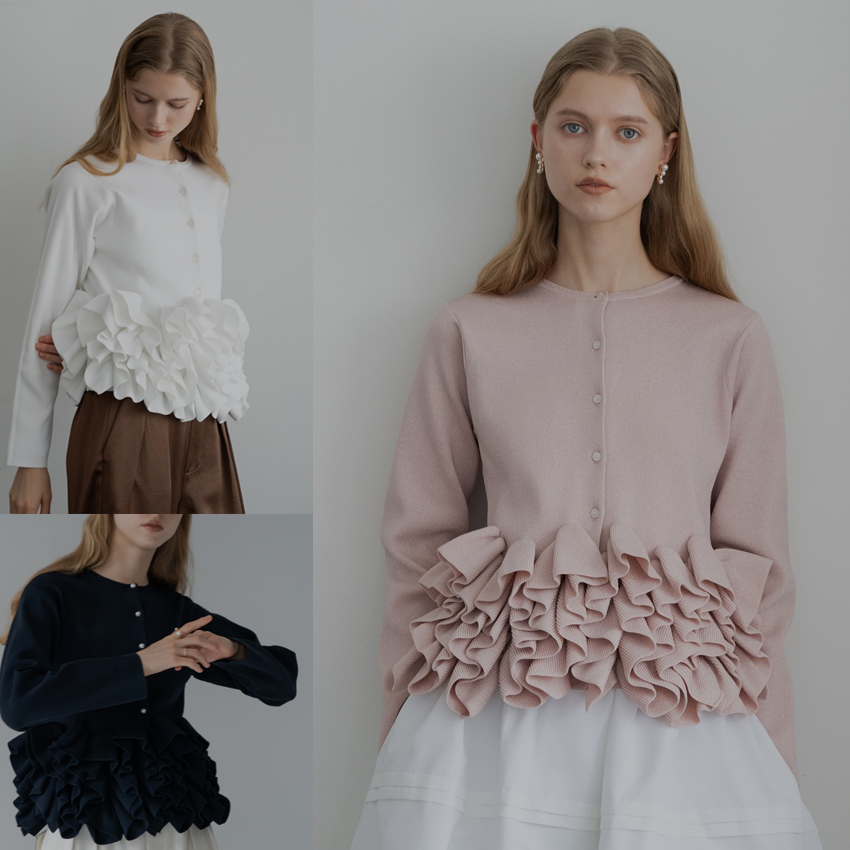 欧美跨境荷叶边拼接褶皱长袖针织衫秋冬韩版显瘦重工白领针织上衣