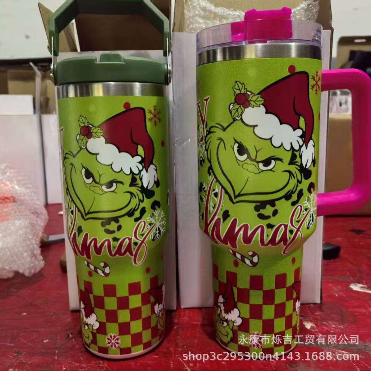 日本进口MUJIΕ圣诞格林奇不锈钢吸管杯绿色带把手大容量水杯节日