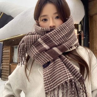 日本GP咖白色千鸟格围巾女冬季新款韩系时尚百搭舒适软糯围脖洋气