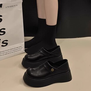 日本GP黑色厚底勃肯鞋女2026春秋新款英伦风一脚蹬两穿百搭单鞋潮