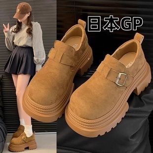 日本GP复古磨砂皮乐福鞋女2025新款百搭小个子增高厚底鞋勃肯单鞋