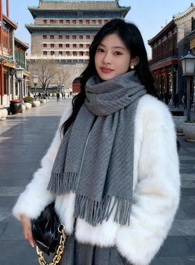 日本GP高级纯色围巾女冬季保暖灰色学生围脖韩系百搭氛围感披肩潮
