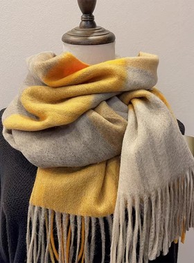 日本GP100%纯羊毛围巾女冬季百搭情侣款黄色格子保暖披肩时尚围脖