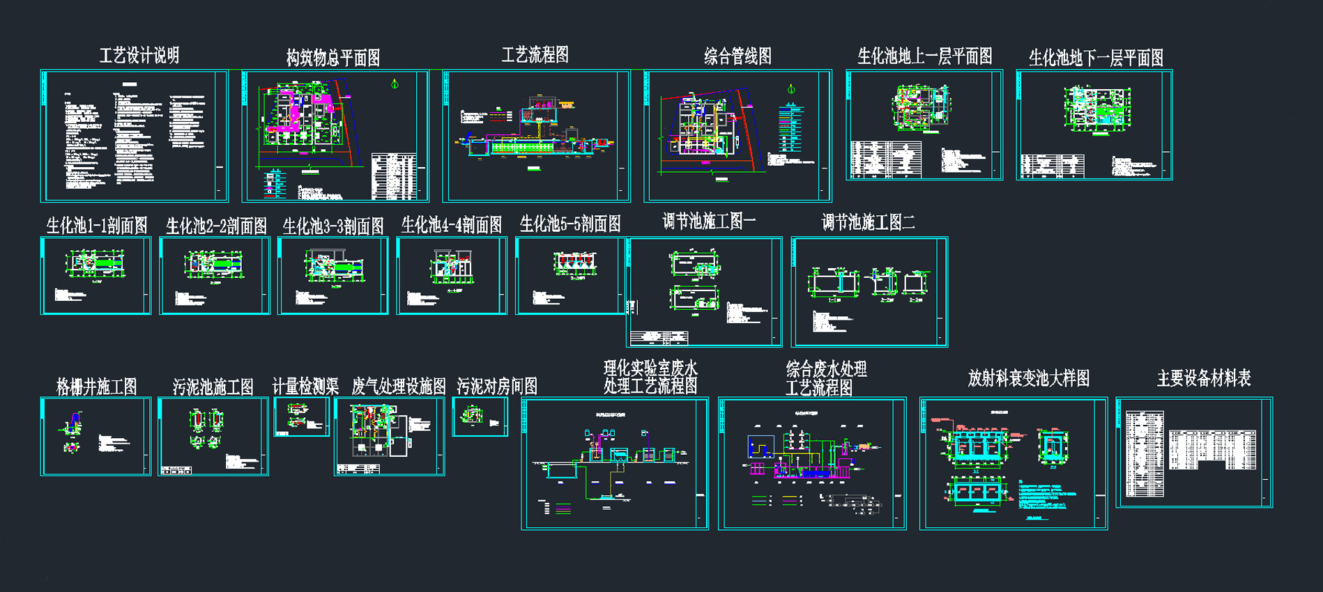 实验室废水处理cad施工图素材 生化池 调节池 衰变池 设计说明