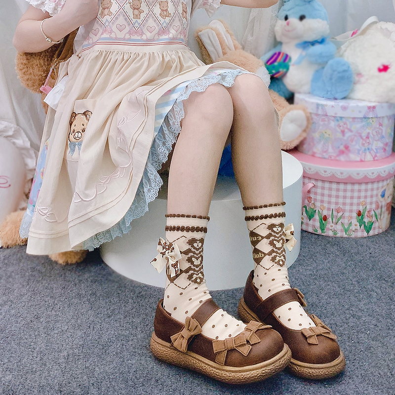 丸子少女女棉爱心蝴蝶结中筒袜