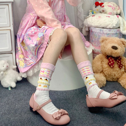 原创春秋款洛丽塔少女袜子立体泡泡草莓蛋糕呲甜可爱学院风中筒袜