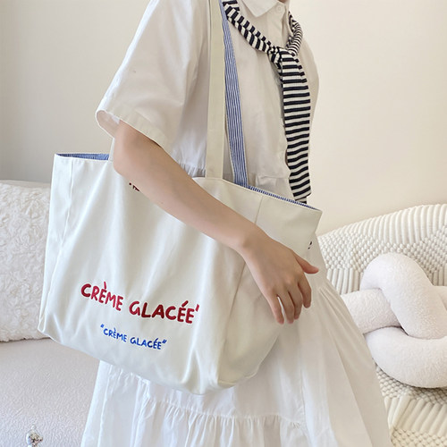 韩版双面背加厚刺绣文艺帆布包字母印花女大容量托特包休闲单肩包