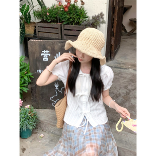 夏日恋曲 娃娃领蝴蝶结短袖白衬衫小个子甜美温柔显瘦花苞袖衬衣