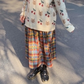 踏进银河 日系秋冬小个子彩色格纹毛呢半身裙百褶裙中长款 复古