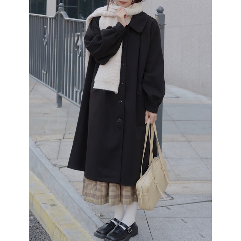 日系小个子黑色毛呢大衣加厚外套