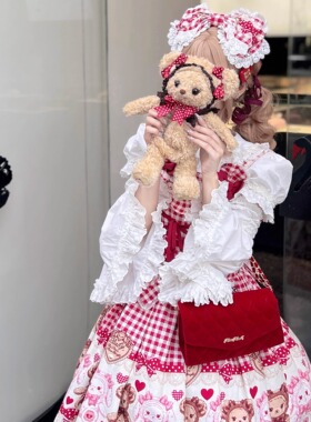 NanNanS克拉拉 菱格链条手提斜挎包包女丝绒小香风红黑原创Lolita