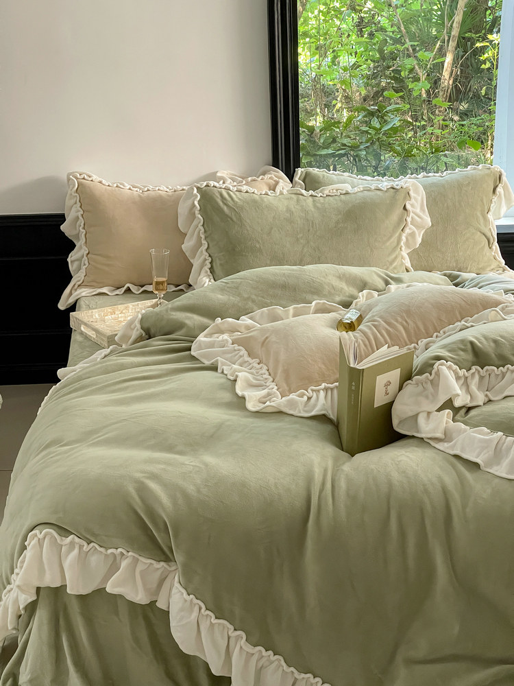 纯色牛奶绒四件套荷叶边被套床品