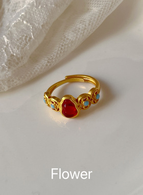 红色葫芦沙金戒指气质轻奢新中式复古宫廷风珐琅彩国潮百搭指环