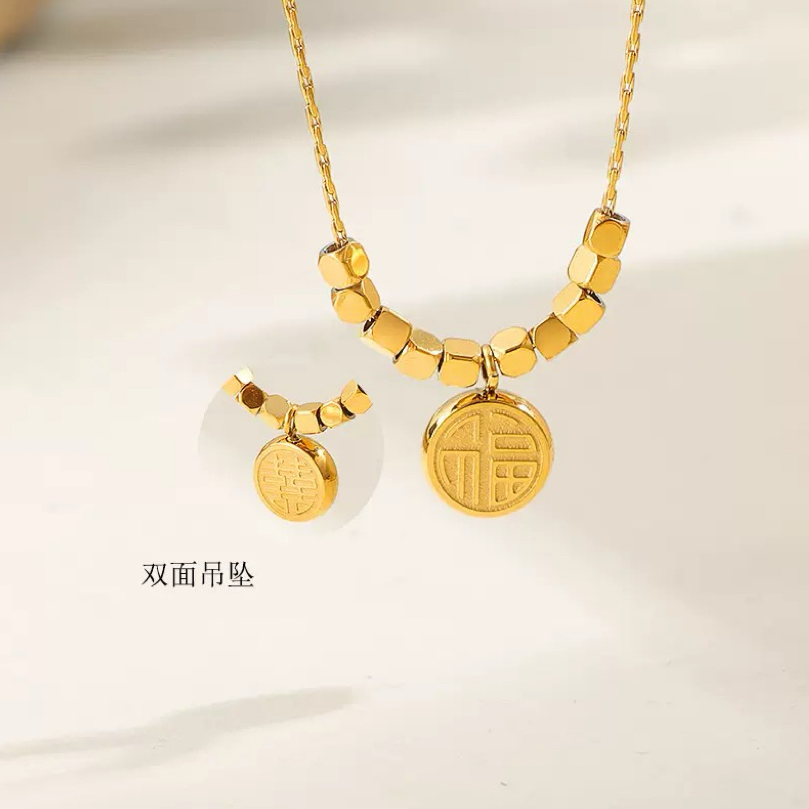 小方糖福喜双面吊坠钛钢项链气质轻奢小众设计时尚百搭高级锁骨链