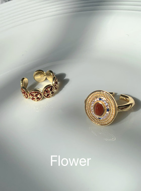 复古红色滴釉花朵开口戒指气质轻奢小众优雅高级感复古宫廷风指环