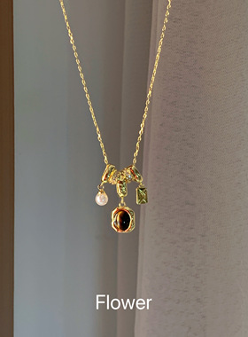 虎眼石方牌珠珠吊坠钛钢项链复古气质轻奢小众美拉德秋冬毛衣链