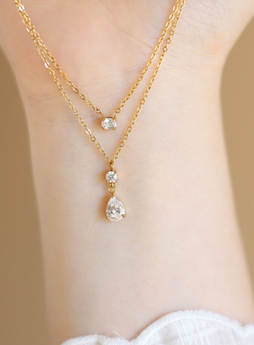 水滴锆石吊坠双层钛钢项链气质轻奢小众设计高级感精致锁骨链