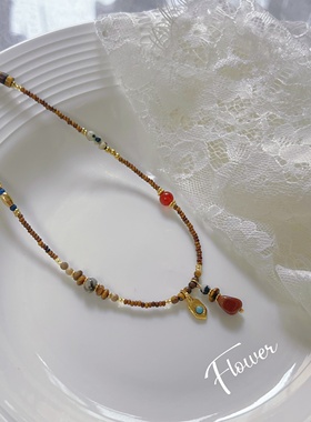 原创款虎眼石串珠双吊坠项链复古气质轻奢小众设计感民族风百搭