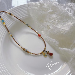 原创款 虎眼石串珠双吊坠项链复古气质轻奢小众设计感民族风百搭