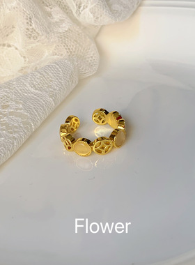 镂空钱币猫眼石开口戒指小众设计款高级气质轻奢招财食指叠戴指环