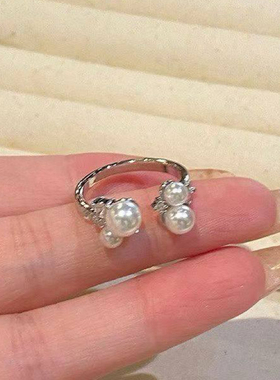 珍珠锆石开口戒指气质轻奢小众设计感时尚百搭ins风食指叠戴指环