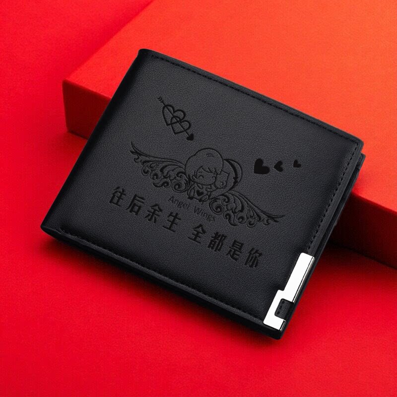 PU时尚男士钱包铁边短款韩版青年男式横款钱夹潮流卡包定制刻字