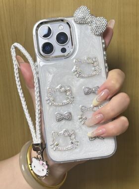 适用于苹果16手机壳14立体闪钻蝴蝶结kt猫iPhone15promax新款可爱131211