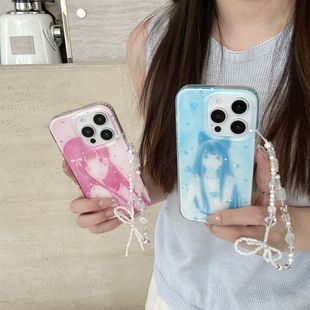 适用于可爱细闪粉蓝底黑沼爽子苹果16promax手机壳15pro新款 14pro保护套14