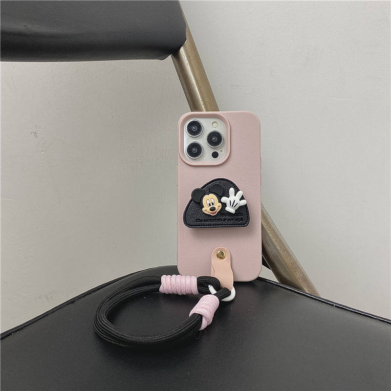 粉黑皮质米奇支架手绳适用iphone16promax手机壳苹果13小众12保护套14Pro女款11新款15Pro全包防摔13Pro软壳