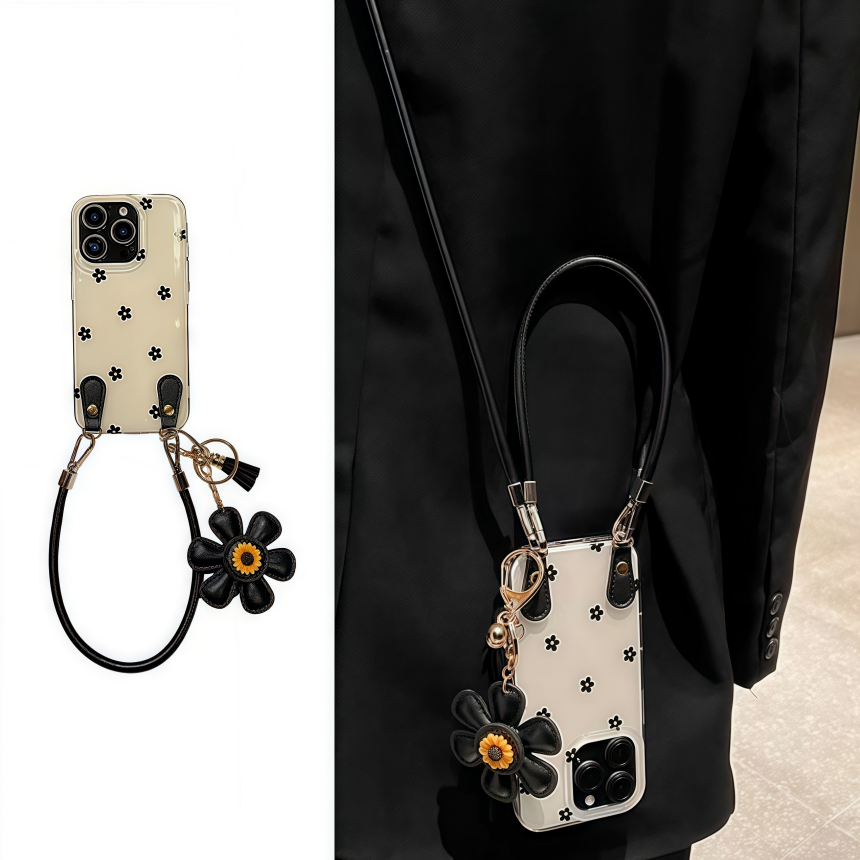 高级感黑色花朵挂件IPhone16promax手机壳苹果15斜挎挂绳13/14女新款