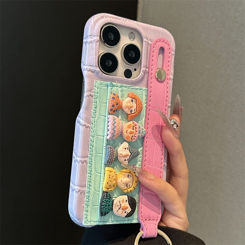 紫底绿色卡包公仔苹果15promax手机壳iPhone15新款14小众13防摔12