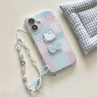 适用于拼接粉蓝格纹立体蝴蝶结kt猫iPhone16pro苹果17promax15手机壳14新13