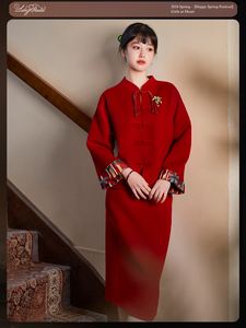 LelezStudio/岁竹逢春 新中式复古中国红新娘双面毛呢外套女套装