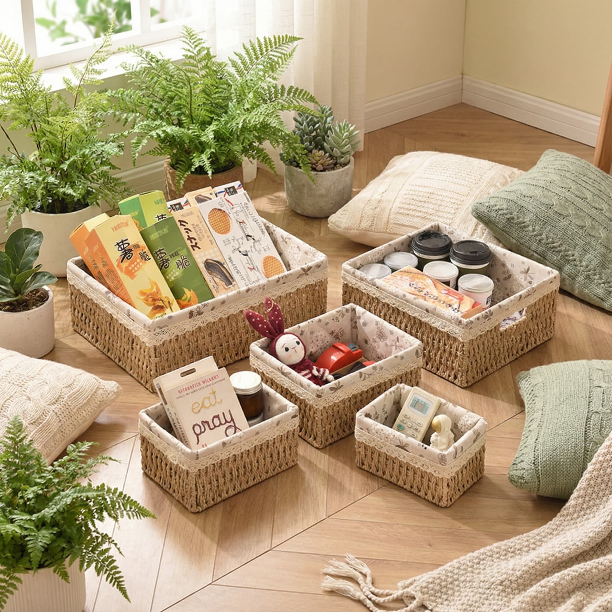 编织桌面收纳盒带盖仿藤编杂物零食收纳筐草编化妆品储物盒收纳篮,收纳整理,其他收纳篮,淘宝优惠券,粉丝福利购,淘宝优惠卷