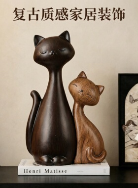 复古情侣猫咪摆件中古风玄关客厅