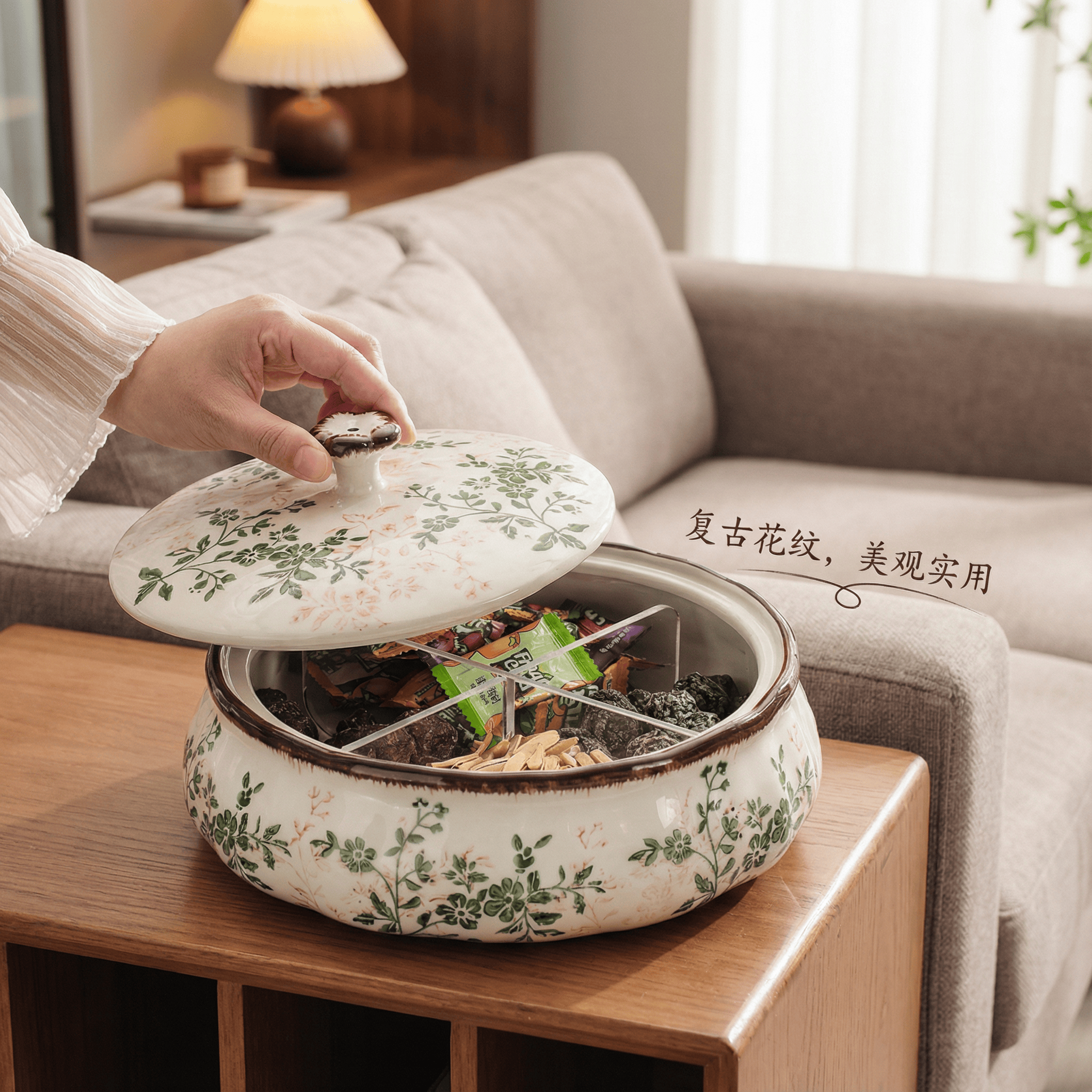 繁花干果收纳盒果盘带盖高端高颜值陶瓷水果盘客厅家用新年糖果盒,餐饮具,果盆/果盘/果篮,淘宝优惠券,粉丝福利购,淘宝优惠卷