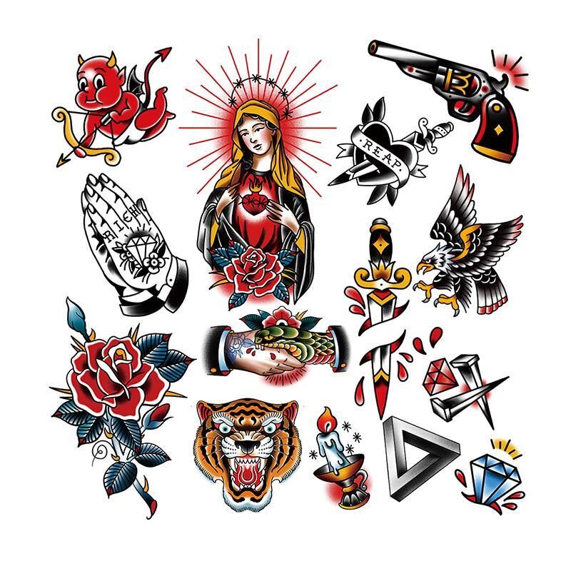 2套28张oldschool卡通防水持久仿真男女小图案纹身贴ins拼接花臂