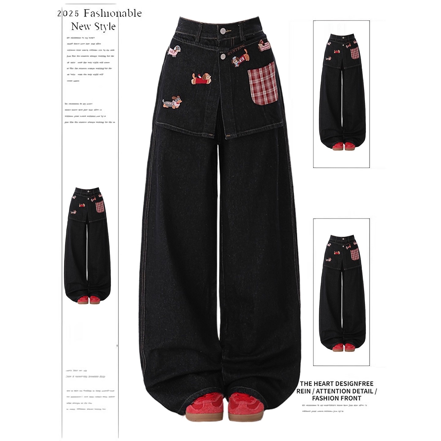 腊肠狗刺绣假两件屁帘牛仔裤秋冬