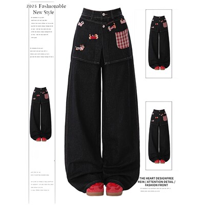 腊肠狗刺绣假两件屁帘牛仔裤秋冬