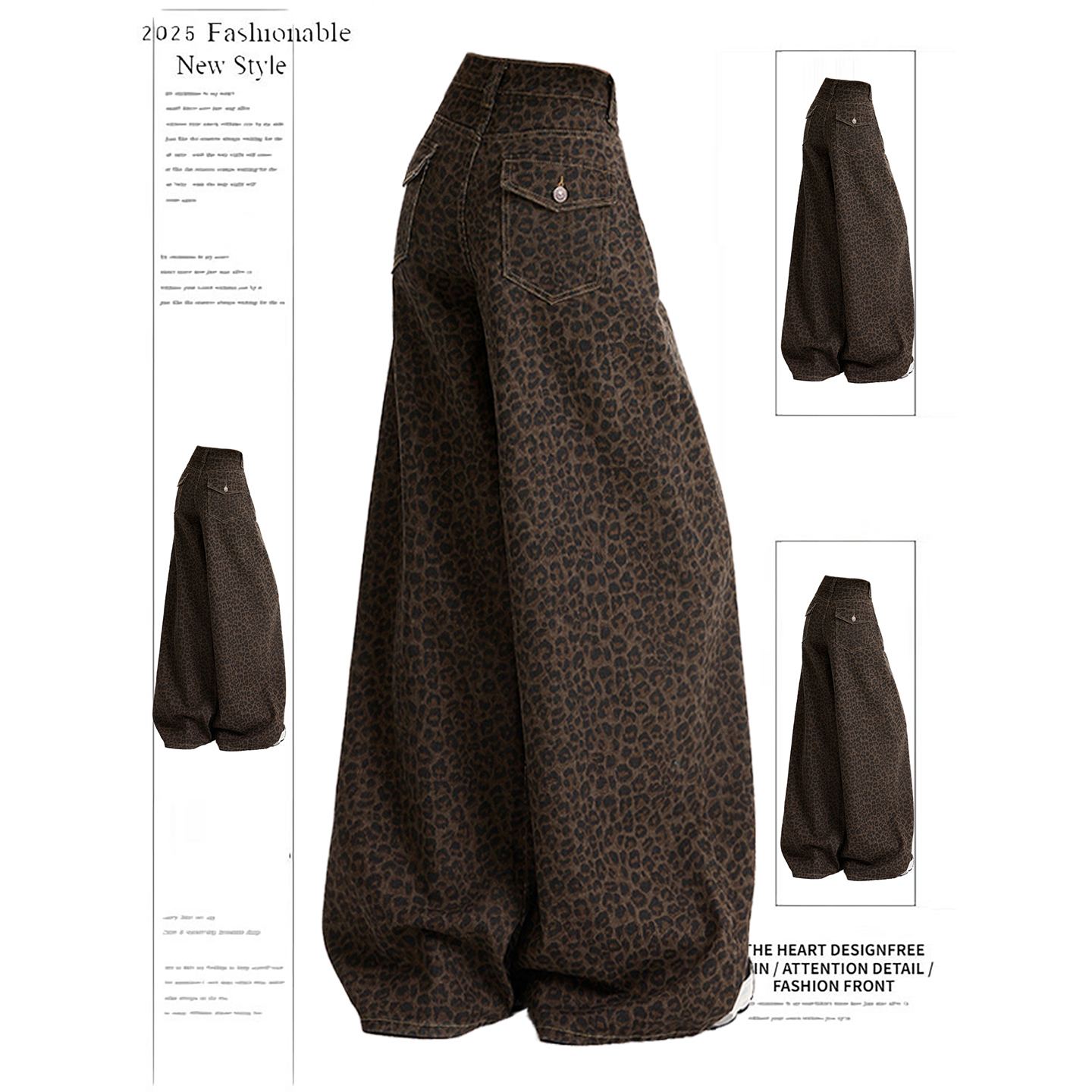 美式高街豹纹阔腿牛仔裤女秋冬