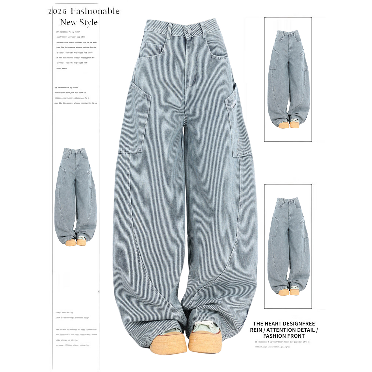 美式复古竖条纹大口袋弯刀牛仔裤