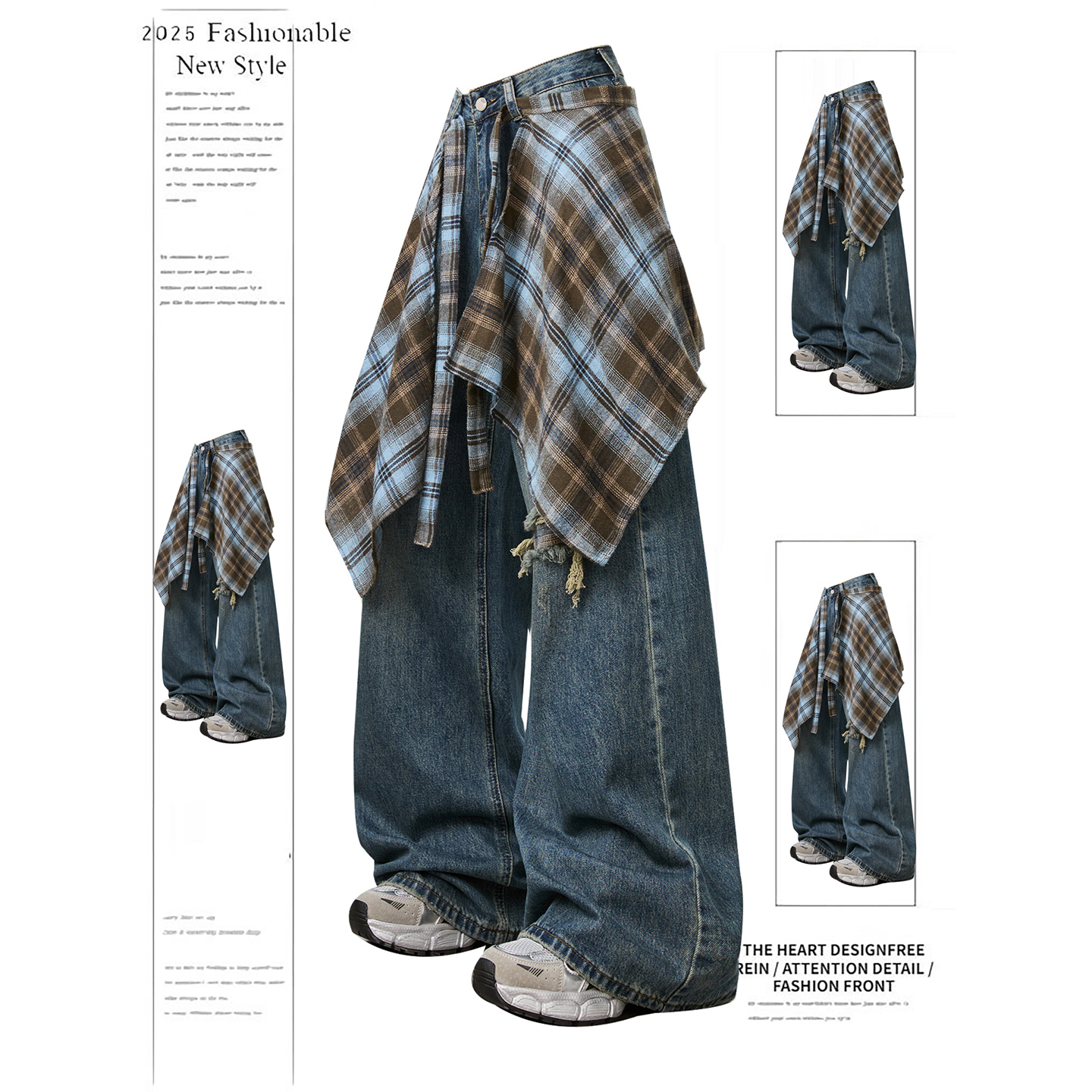 美式复古叠穿假两件牛仔裤女秋冬