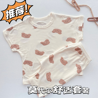 伊比之鸭夏季宝宝短袖套装女童薄款空调家居服儿童莫代尔睡衣套装