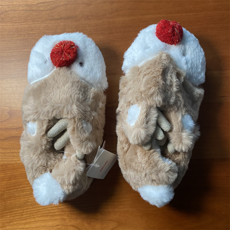 萌~日式高端秋冬仿兔绒保暖可爱圣诞小鹿拖鞋包跟居家鞋防滑防水